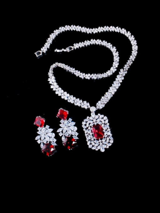 red Brass Cubic Zirconia Luxury Geometric  Earring and Necklace Set