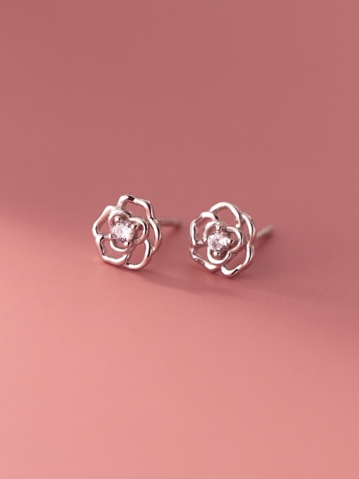 silver 925 Sterling Silver Rhinestone Flower Minimalist Stud Earring
