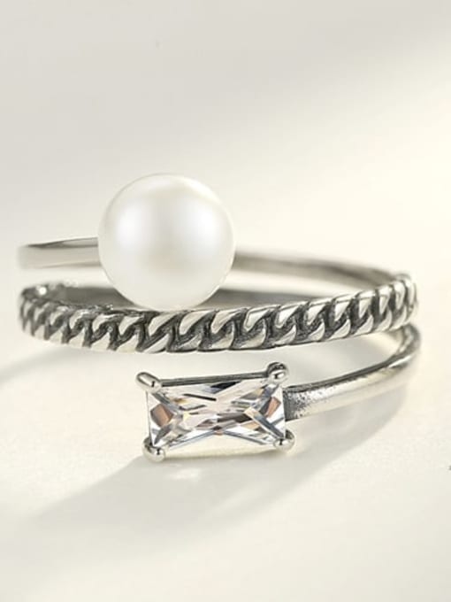 Taiyin 12g02 925 Sterling Silver Freshwater Pearl White Geometric Vintage Stackable Ring