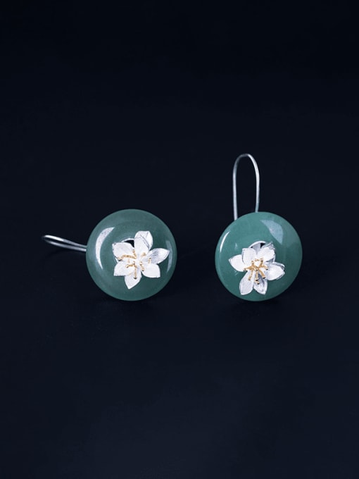 SILVER MI 925 Sterling Silver Jade Flower Ethnic Hook Earring 1