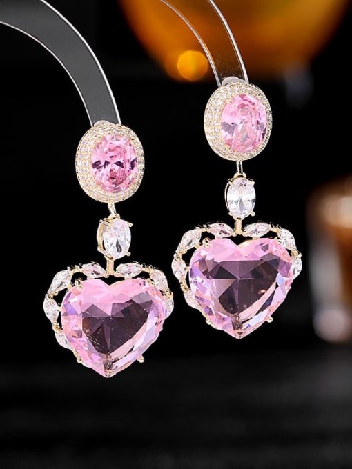 Pink Brass Cubic Zirconia Heart Luxury Cluster Earring
