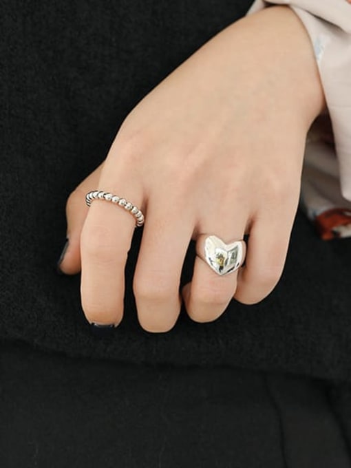DAKA 925 Sterling Silver Minimalist Smooth Heart  Free Size Band Ring 3
