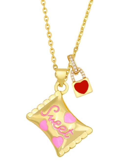 Pink Brass Enamel Heart Vintage Necklace