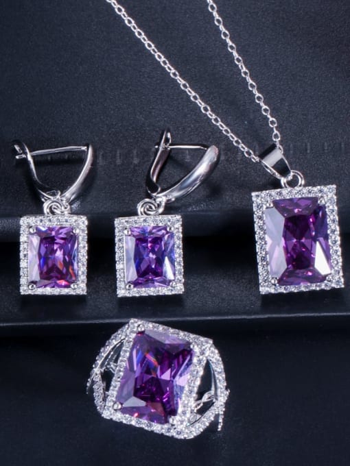 Purple ring size 6 Brass Cubic Zirconia Luxury Geometric  Earring Ring and Necklace Set