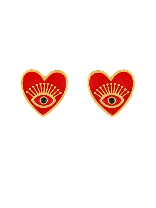 red Brass Enamel Heart Vintage Stud Earring