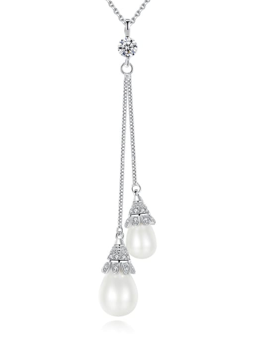 BLING SU Brass Imitation Pearl Tassel Trend Tassel Necklace
