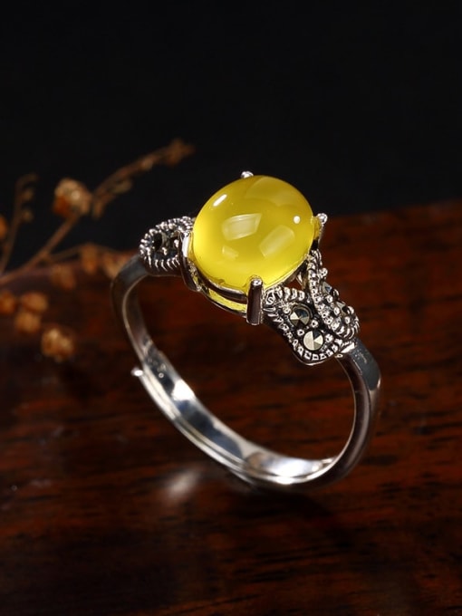 yellow  Chalcedony 925 Sterling Silver Jade Irregular Vintage Band Ring