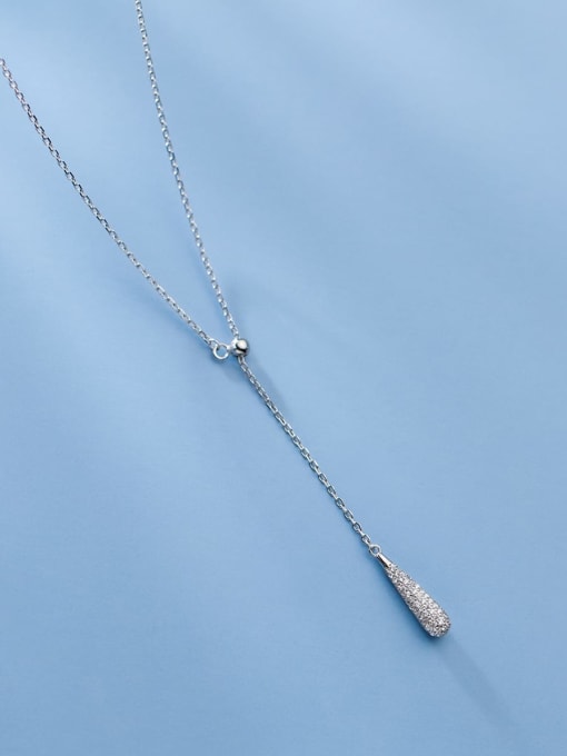 Silver 925 Sterling Silver Cubic Zirconia Water Drop Minimalist Tassel Necklace