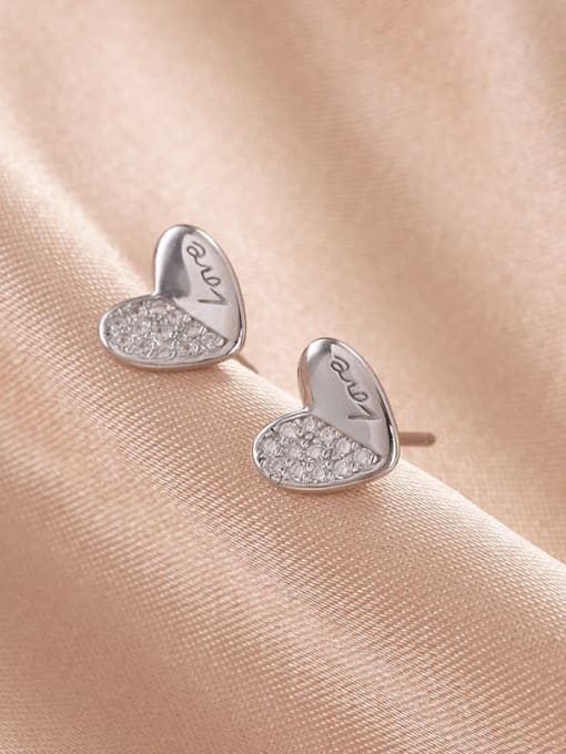 ES1667 【 Platinum 】 925 Sterling Silver Cubic Zirconia Heart Minimalist Stud Earring