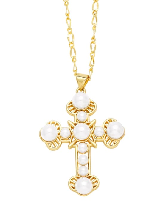 CC Brass Imitation Pearl Cross Hip Hop Regligious Necklace 2