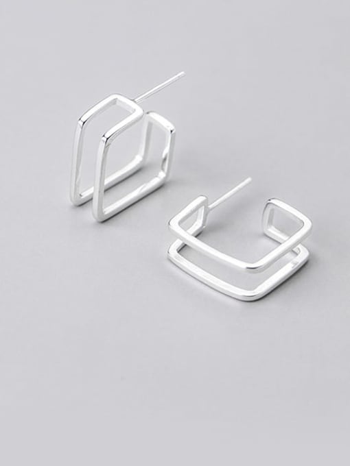 Rosh 925 Sterling Silver Simple lines geometric square double layer Stud Earring 2