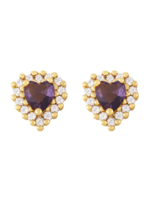 purple Brass Cubic Zirconia Heart Cute Stud Earring
