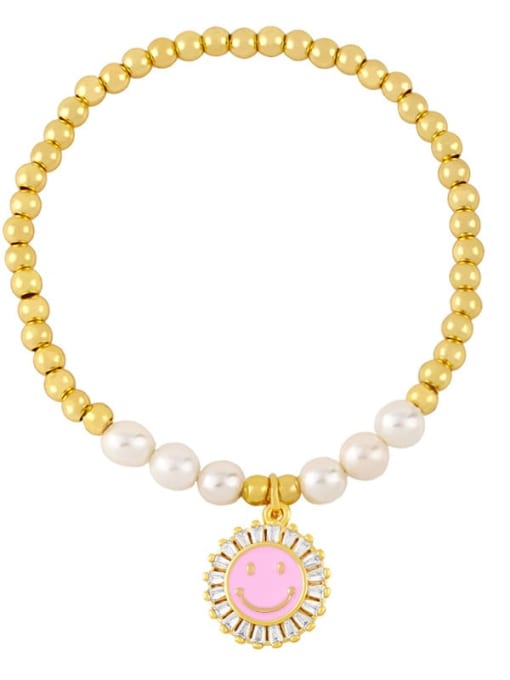 Pink Brass Imitation Pearl Enamel Smiley Trend Beaded Bracelet