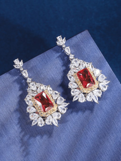 Rose red earrings Brass Cubic Zirconia Luxury Geometric Earring and Necklace Set