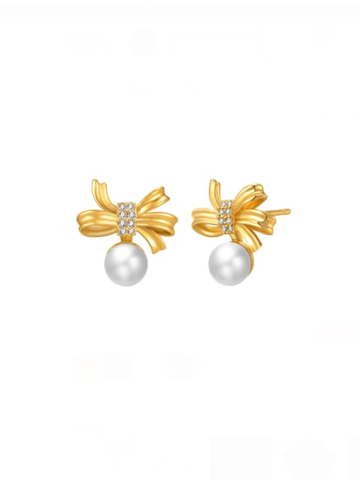 golden Brass Imitation Pearl Bowknot Minimalist Stud Earring