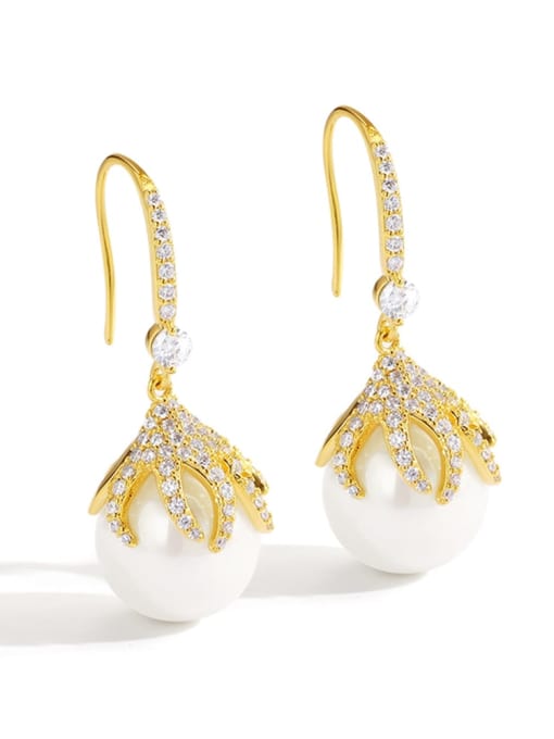 Golden Pearl Earrings Brass Freshwater Pearl Flower Minimalist Hook Earring