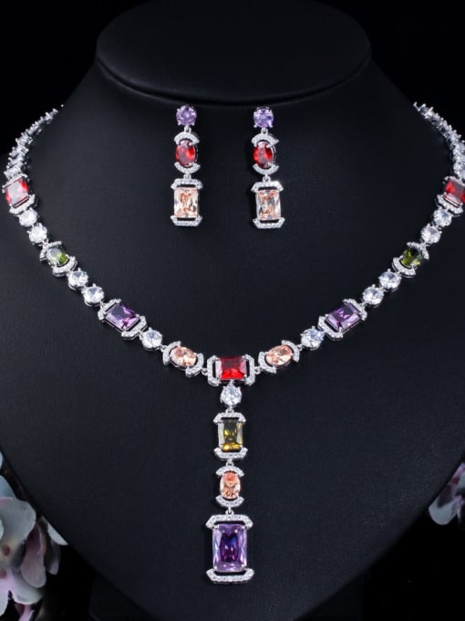 colour Brass Cubic Zirconia  Luxury Geometric Earring and Necklace Set