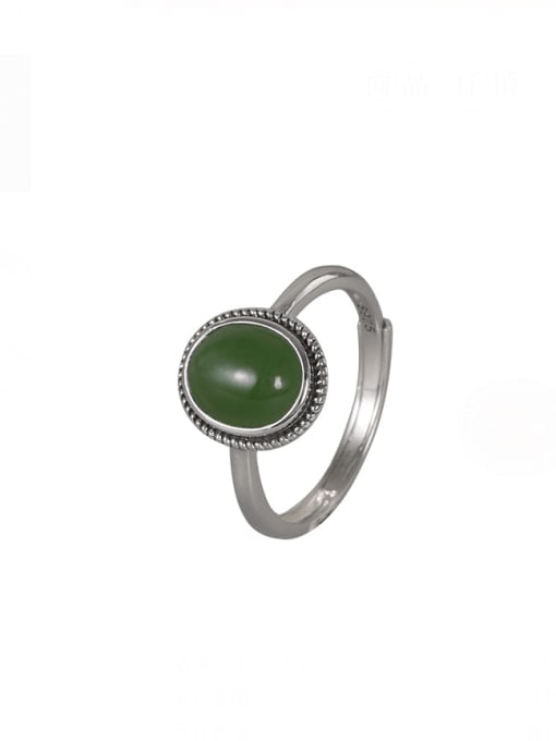 Ring style (open size) 925 Sterling Silver Jade Oval Vintage Band Ring