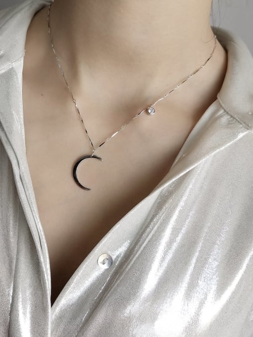 Boomer Cat 925 Sterling Silver Smooth Moon Star Diamond Necklace 1