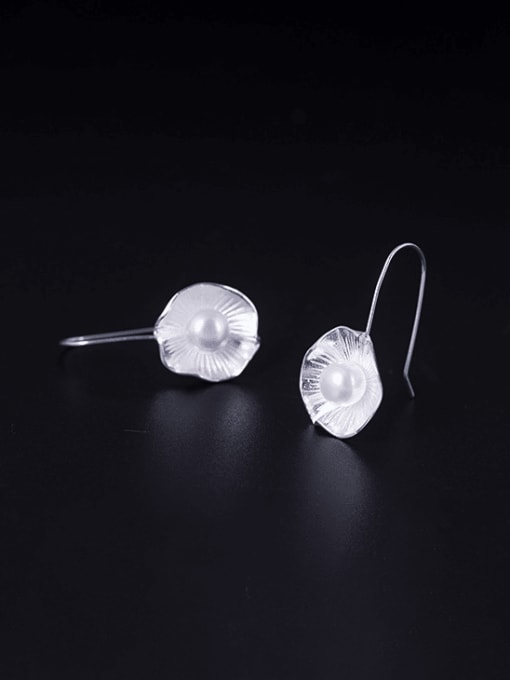 SILVER MI 925 Sterling Silver Imitation Pearl Flower Minimalist Hook Earring 2