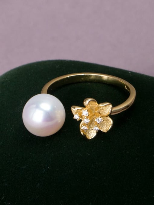 RAIN Brass Freshwater Pearl Flower Vintage Band Ring 1