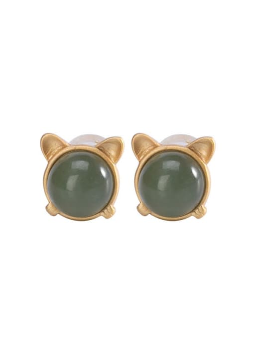 DEER 925 Sterling Silver Jade Cat Cute Stud Earring 3