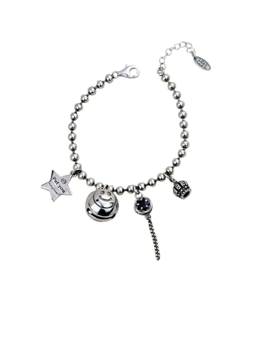 SHUI Vintage Sterling Silver With Star Smiley Pendant  Bead Chain Bracelets