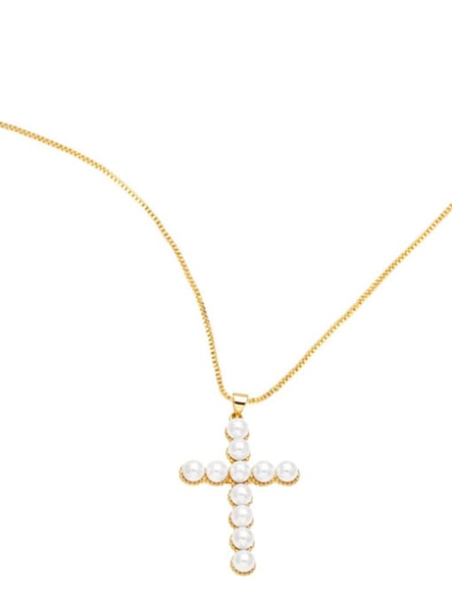 CC Brass Imitation Pearl Cross Trend Regligious Necklace 4