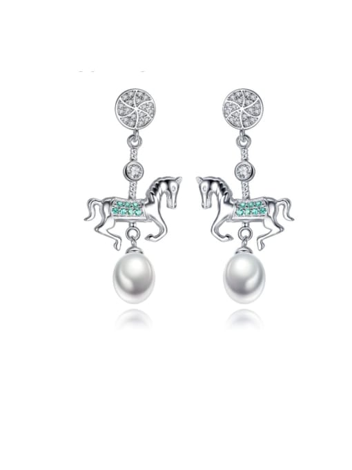 CCUI 925 Sterling Silver Freshwater Pearl White Horse Trend Drop Earring 0