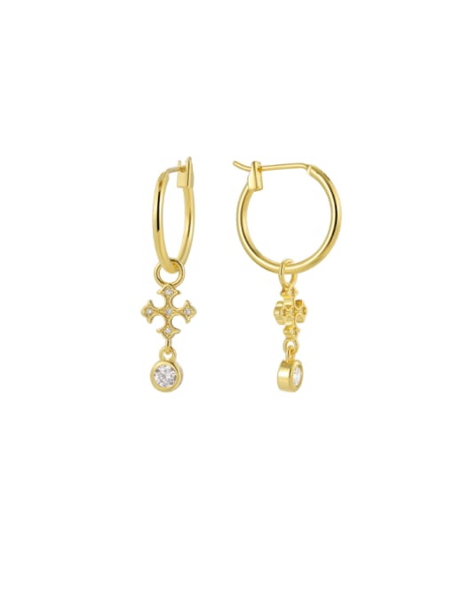 Gold Brass Cubic Zirconia Cross Minimalist Huggie Earring