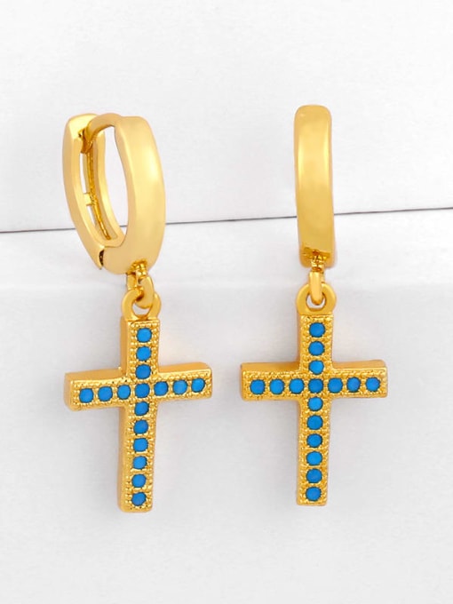 blue Brass Cubic Zirconia Cross Vintage Huggie Earring