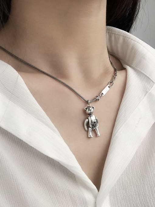SHUI Vintage Sterling Silver With Antique Silver Plated Cute Little Bear Necklaces 2