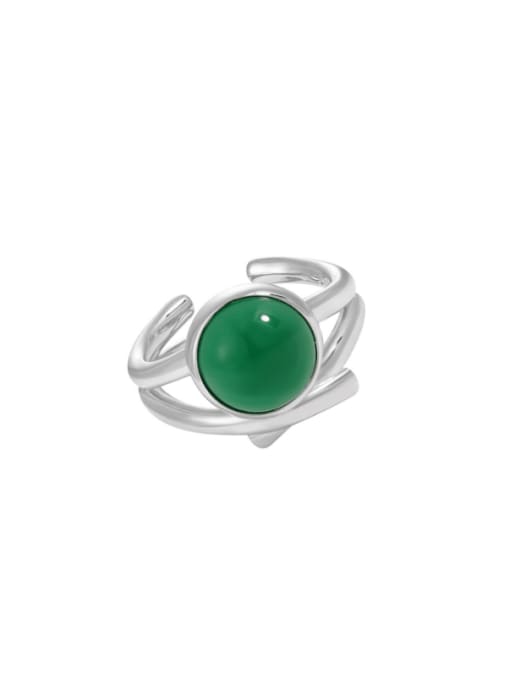 White gold + green chalcedony 925 Sterling Silver Carnelian Geometric Vintage Band Ring