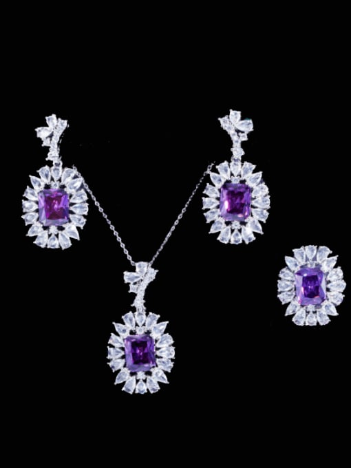 Purple US 6 Brass Cubic Zirconia  Luxury Geometric Earring Ring and Necklace Set