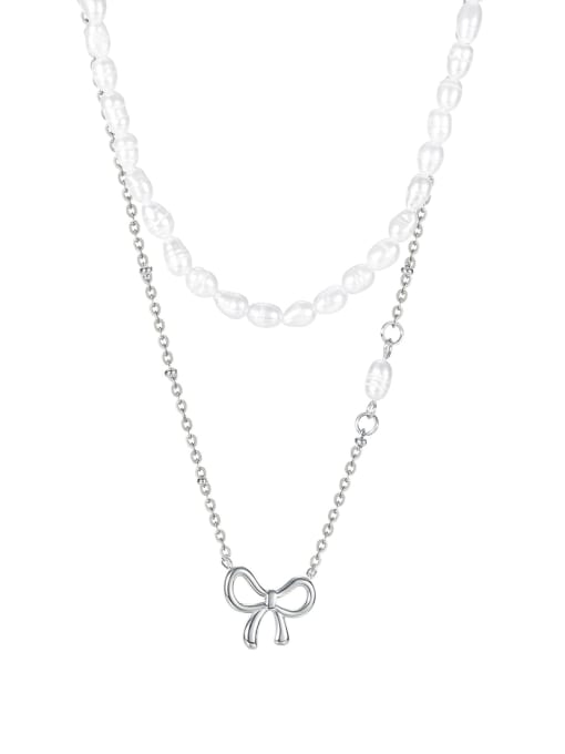 Open Sky Titanium Steel Imitation Pearl Bowknot Minimalist Necklace 4