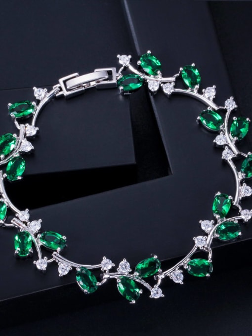 green Copper Cubic Zirconia Leaf Luxury Bracelet