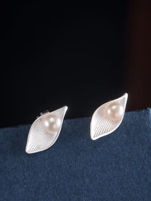 SILVER MI 925 Sterling Silver Imitation Pearl Irregular Vintage Stud Earring 2