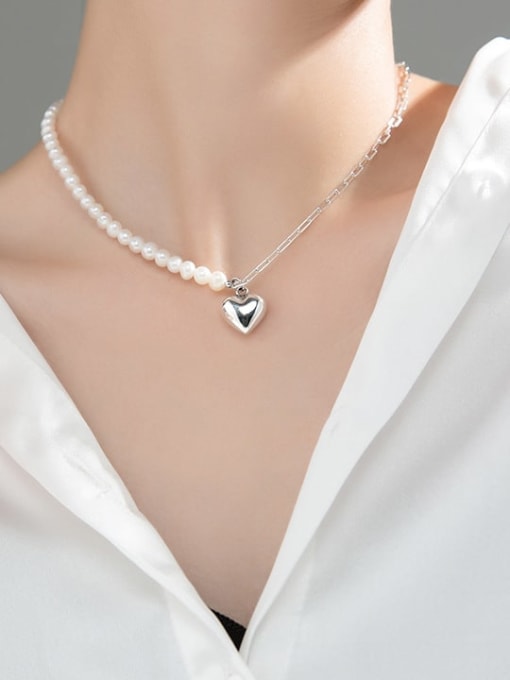 Rosh 925 Sterling Silver Imitation Pearl Heart Minimalist Necklace 3