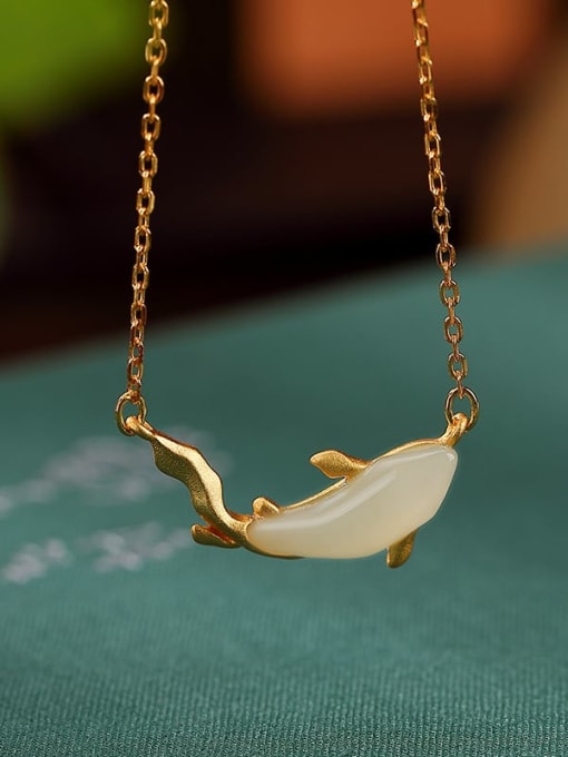 Gold Plated Version (including chain) 925 Sterling Silver Jade Dolphin Vintage Necklace