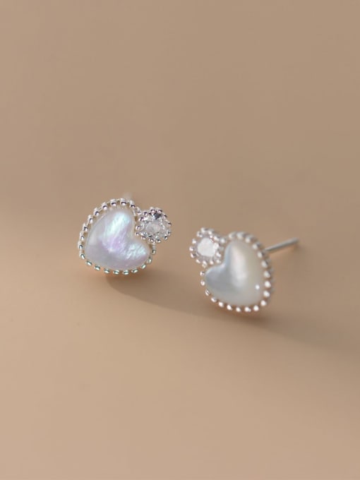 Silver White Diamonds 925 Sterling Silver Shell Heart Minimalist Stud Earring