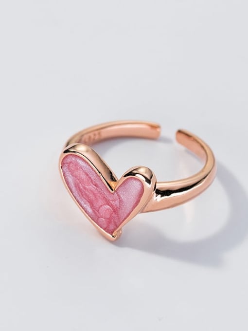 S925 Silver Ring Pink Gel (Rose Gold) 925 Sterling Silver Enamel Heart Minimalist Band Ring