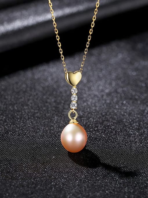 Pink 8A11 925 Sterling Silver Imitation Pearl Heart Minimalist Necklace