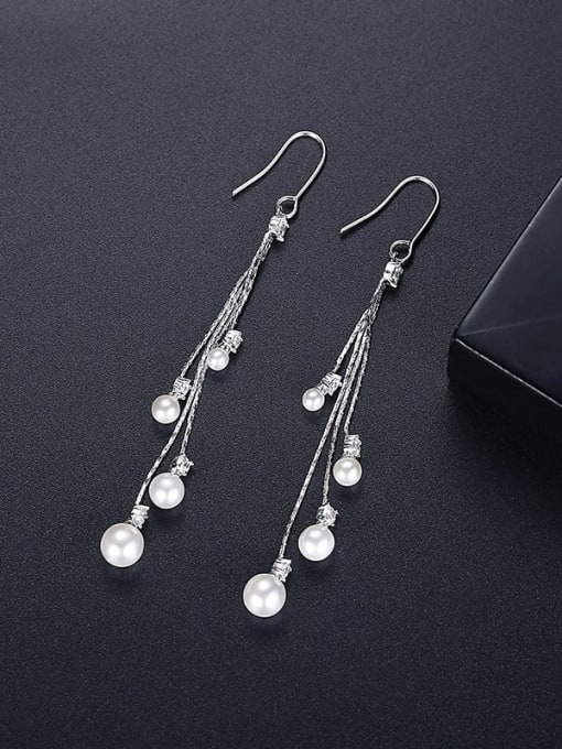 Platinum T06I01 Brass Imitation Pearl Tassel Minimalist Threader Earring