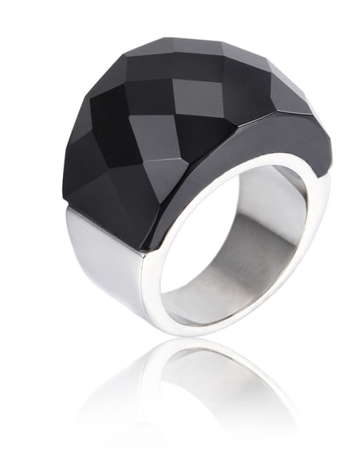 Steel Color, Black Titanium Steel Glass Stone Geometric Ring with waterproof
