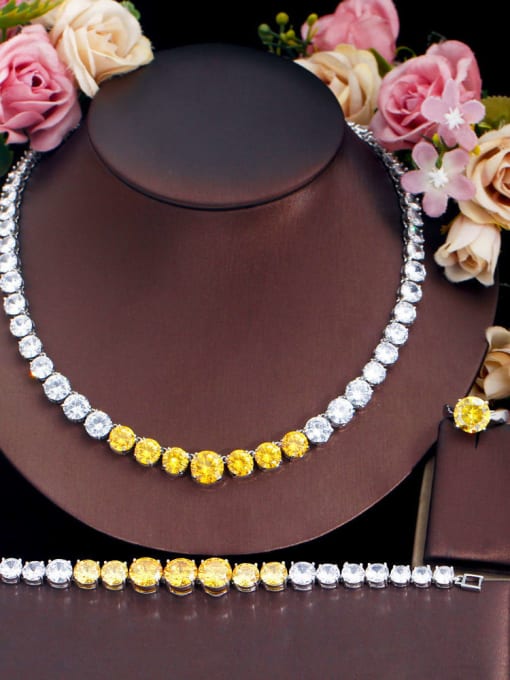 Yellow US  8 Brass Cubic Zirconia Luxury Geometric Ring Earring Bangle And Necklace Set