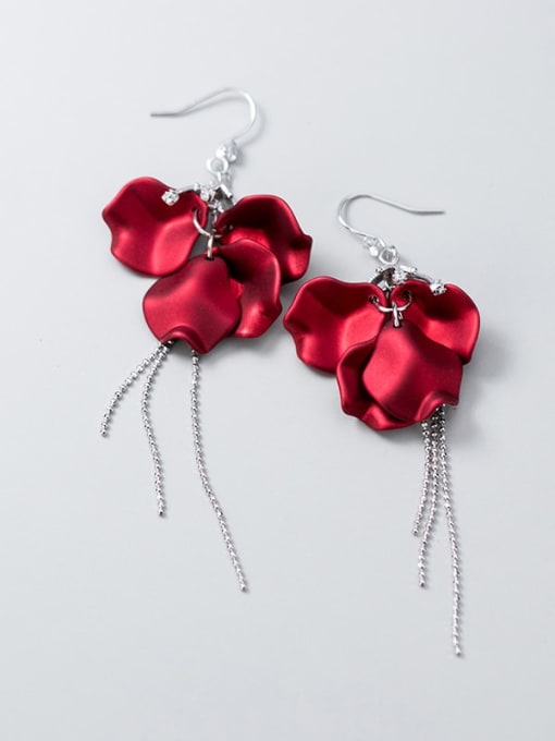Rosh 925 Sterling Silver Red Enamel Flower Minimalist Hook Earring 1
