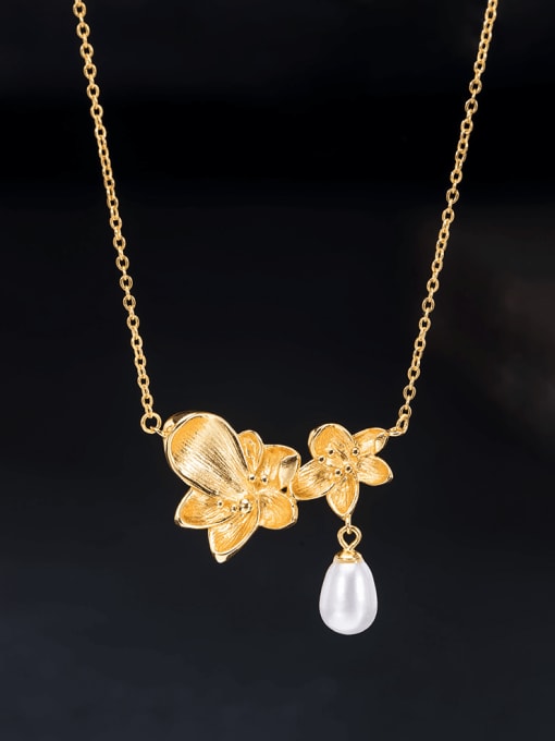 SILVER MI 925 Sterling Silver Imitation Pearl Flower Vintage Necklace 0
