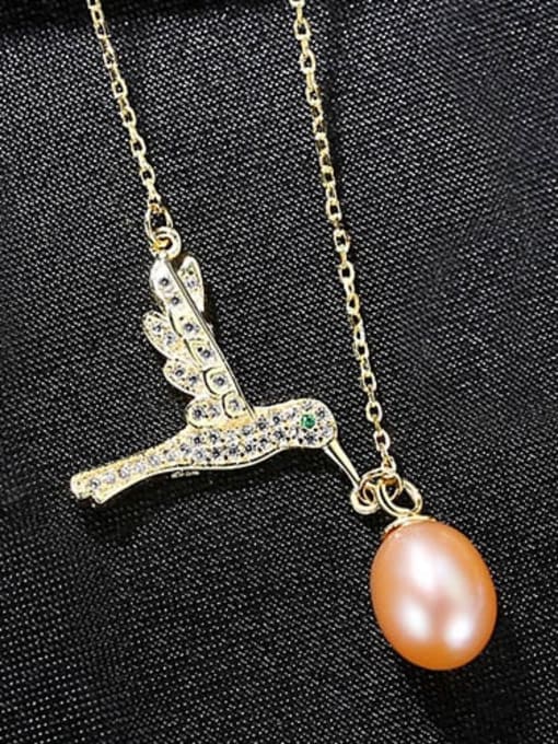 Pink 7B02 925 Sterling Silver Fashion Micro Inlay Zircon Bird Pearl Pendant Necklace