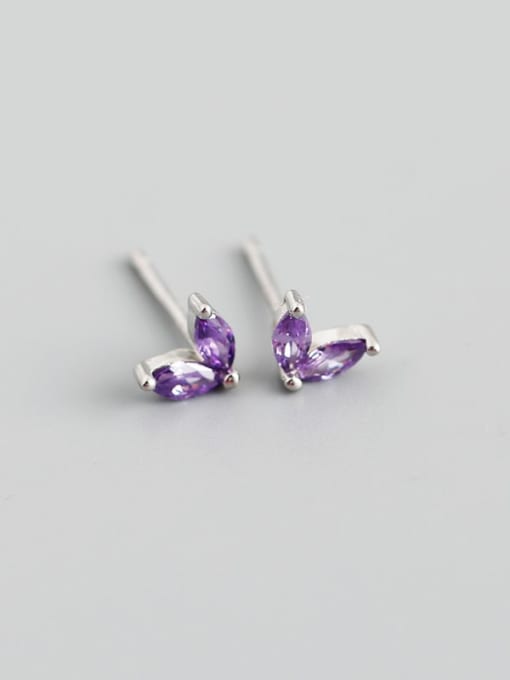 Purple stone (Platinum) 925 Sterling Silver Cubic Zirconia Leaf Minimalist Stud Earring