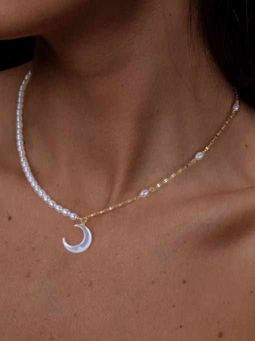 RINNTIN 925 Sterling Silver Freshwater Pearl Moon Trend Beaded Necklace 1